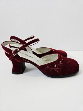Vintage 90s Highlights Velvet Heels Size 7 Ankle Strap Y2K